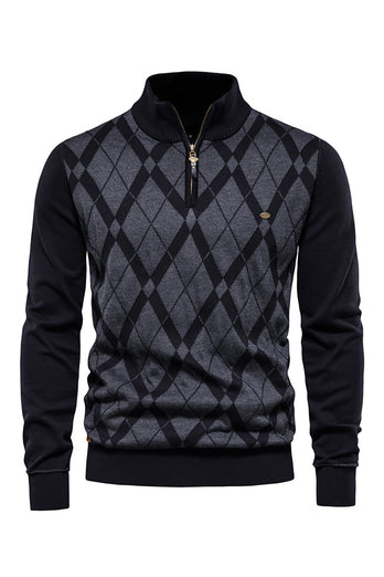Men's Brown Plaid Zip Turtleneck Pullover Sweater