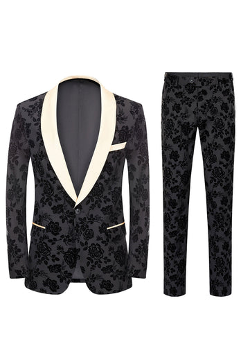 Men's Black Jacquard 3-Piece Shawl Lapel Formal Suits