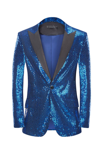 Men's Royal Blue Sparkly Sequin Peak Lapel Formal Blazer