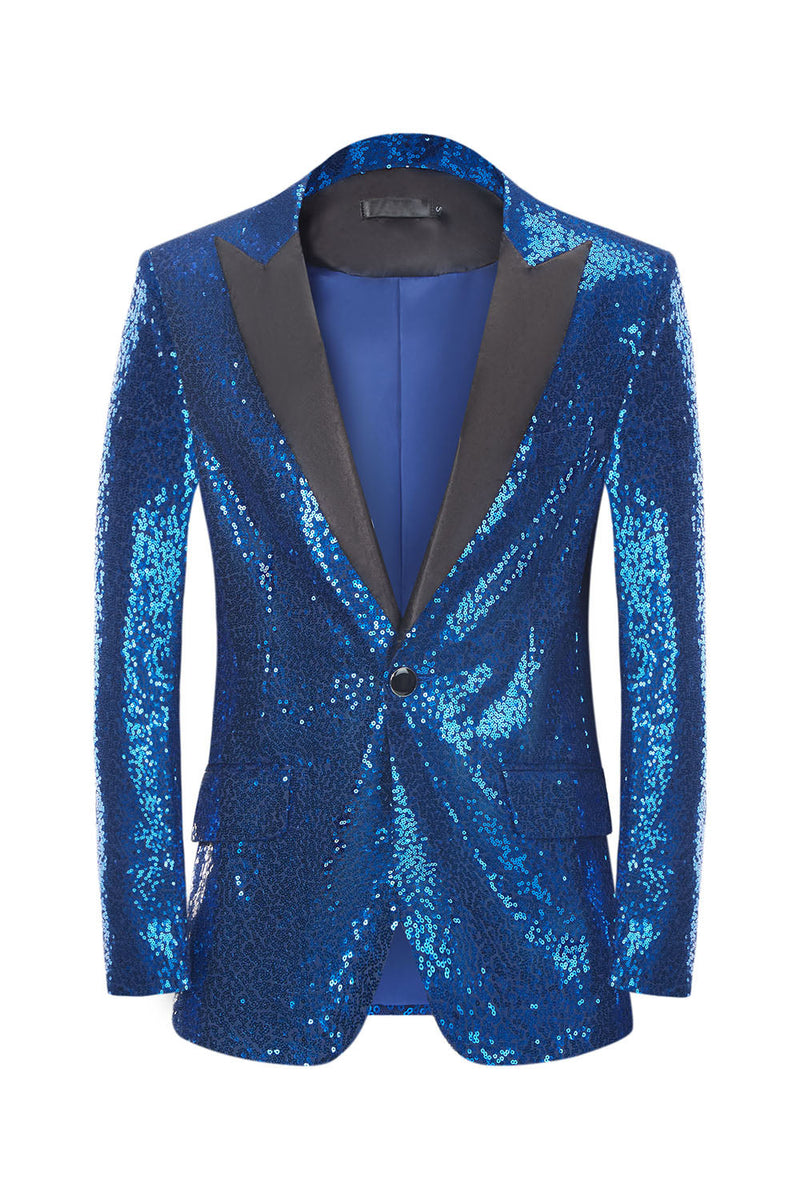 Load image into Gallery viewer, Men&#39;s Royal Blue Sparkly Sequin Peak Lapel Formal Blazer