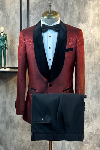 Glitter Burgundy Jacquard Shawl Lapel Men's Formal Suits