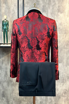 Glitter Burgundy Jacquard Shawl Lapel Men's Formal Suits