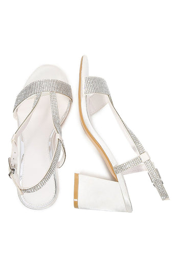 White Rhineshones Open Toe Block Heels Sandals