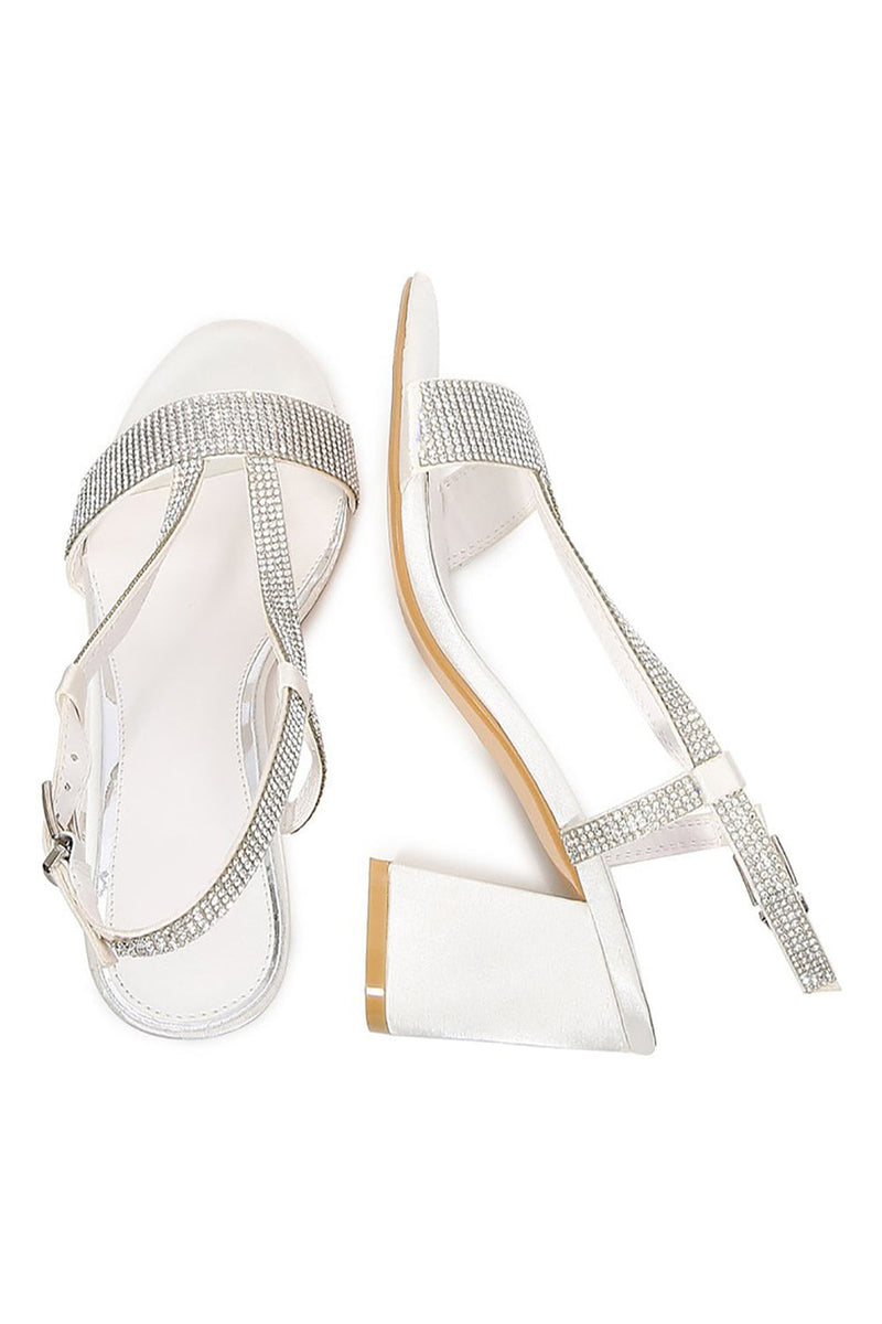 Load image into Gallery viewer, White Rhineshones Open Toe Block Heels Sandals