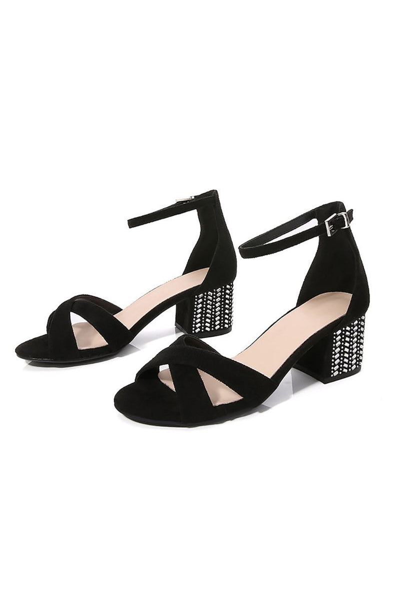 Load image into Gallery viewer, Black Cross Ankle Strappy Chunky Heels Sandals