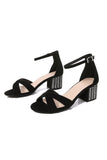 Black Cross Ankle Strappy Chunky Heels Sandals