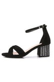 Black Cross Ankle Strappy Chunky Heels Sandals