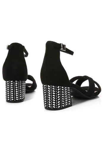 Black Cross Ankle Strappy Chunky Heels Sandals