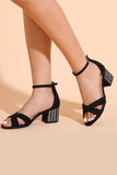 Black Cross Ankle Strappy Chunky Heels Sandals