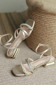Golden Ankle Strappy Pearls Low Heels Sandals