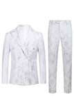 White Floral Jacquard Peak Lapel Men Formal Suits