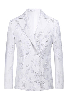 White Floral Jacquard Peak Lapel Men Formal Suits