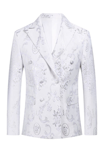 White Floral Jacquard Peak Lapel Men Formal Suits