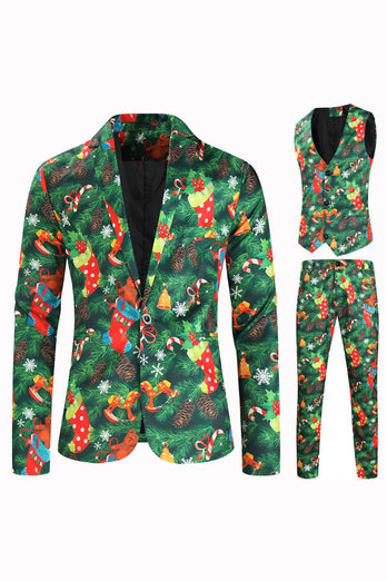 Green Printed 3 Piece Notched Lapel Christmas Men's Suits