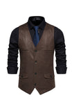 Brown V-Neck Suede Single-Breasted Men's Casual Vest