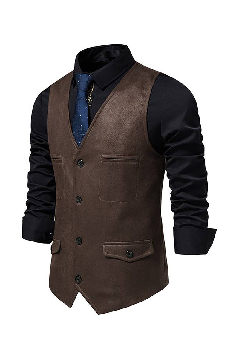 Load image into Gallery viewer, Brown V-Neck Suede Single-Breasted Men&#39;s Casual Vest