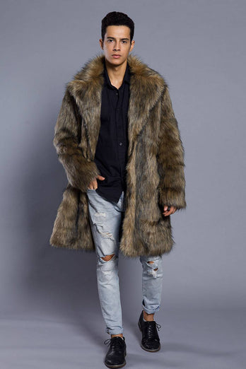 Brown Lapel Neck Long Men Faux Fur Coat