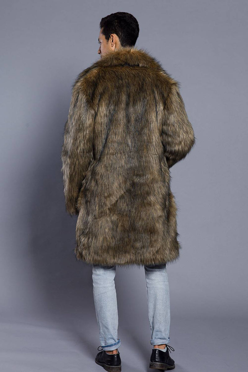 Load image into Gallery viewer, Brown Lapel Neck Long Men Faux Fur Coat