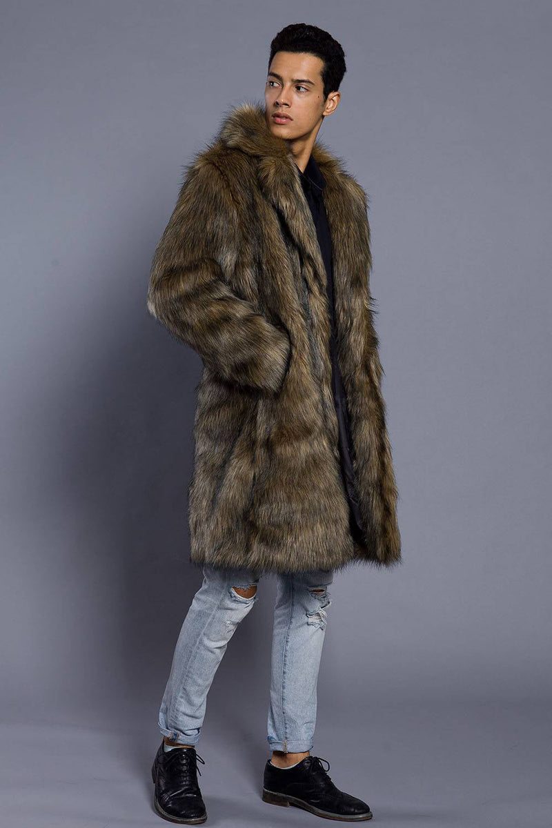 Load image into Gallery viewer, Brown Lapel Neck Long Men Faux Fur Coat