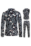 Men's Black Christmas Printed 3-Piece One Button Party Suits