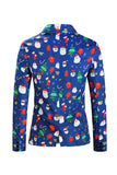 Men's Blue Christmas Printed 3-Piece One Button Party Suits