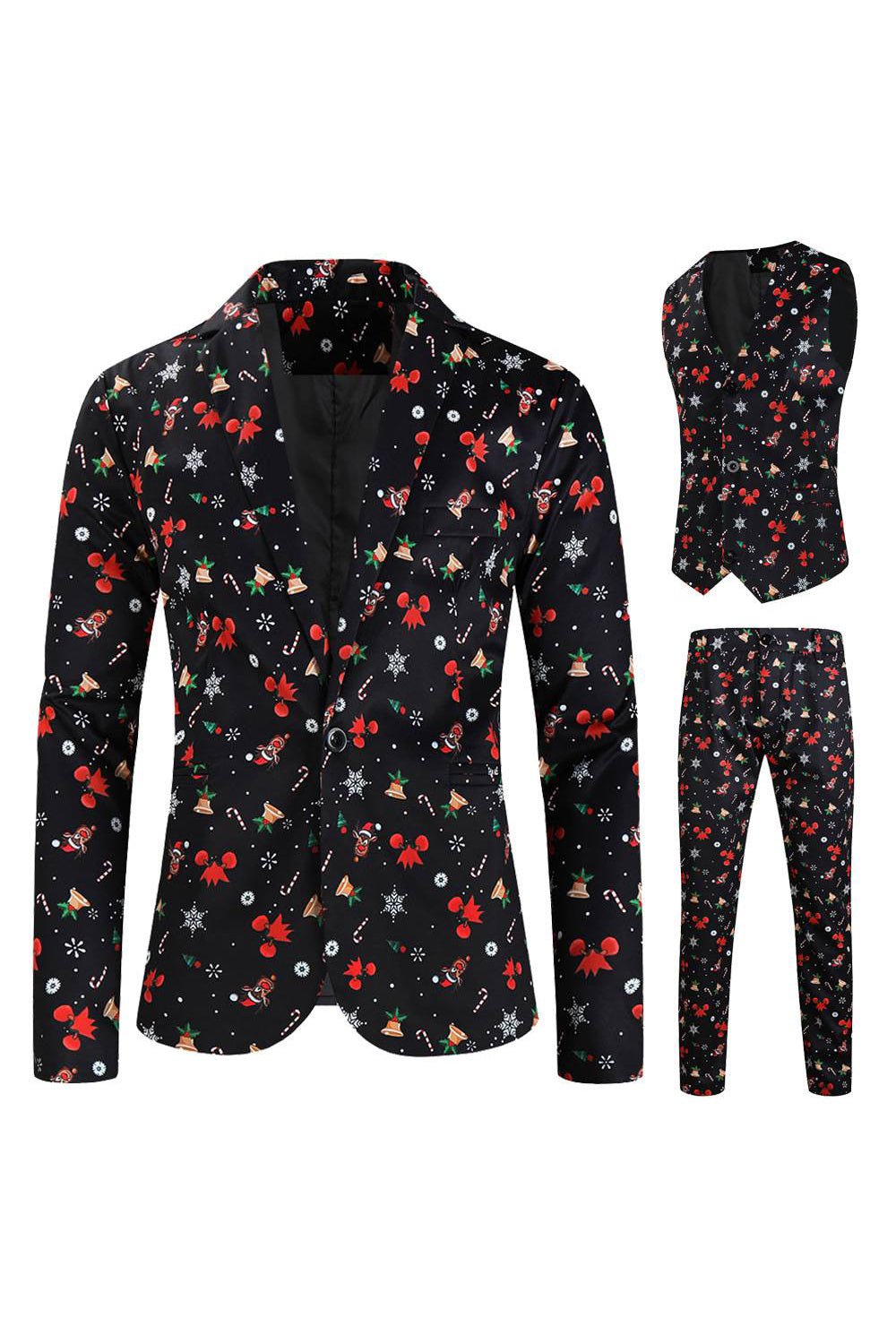 Men's Black Christmas Printed 3-Piece One Button Party Suits