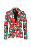 Notched Lapel One Button Santa Claus Printed Red Men's Suits