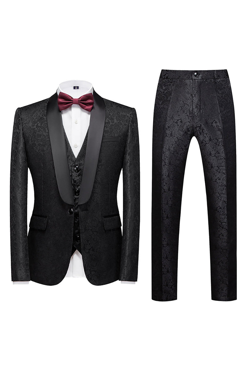 Load image into Gallery viewer, Black 3 Piece Jacquard Shawl Lapel Men&#39;s Formal Suits