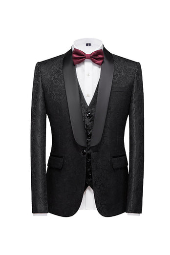 Black 3 Piece Jacquard Shawl Lapel Men's Formal Suits