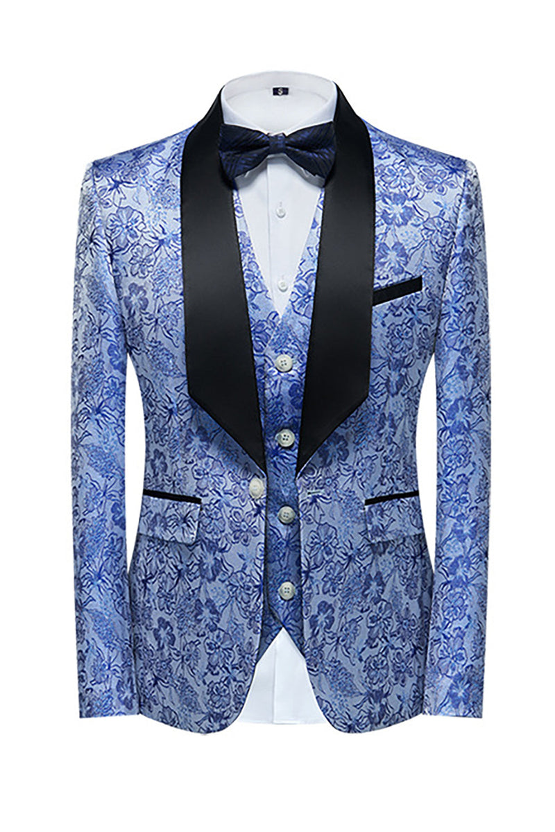 Load image into Gallery viewer, Light Blue Lapel Jacquard 3 Piece Men&#39;s Formal Suits
