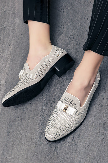 White Beaded Slip-On Party Men's Shoes With Bow