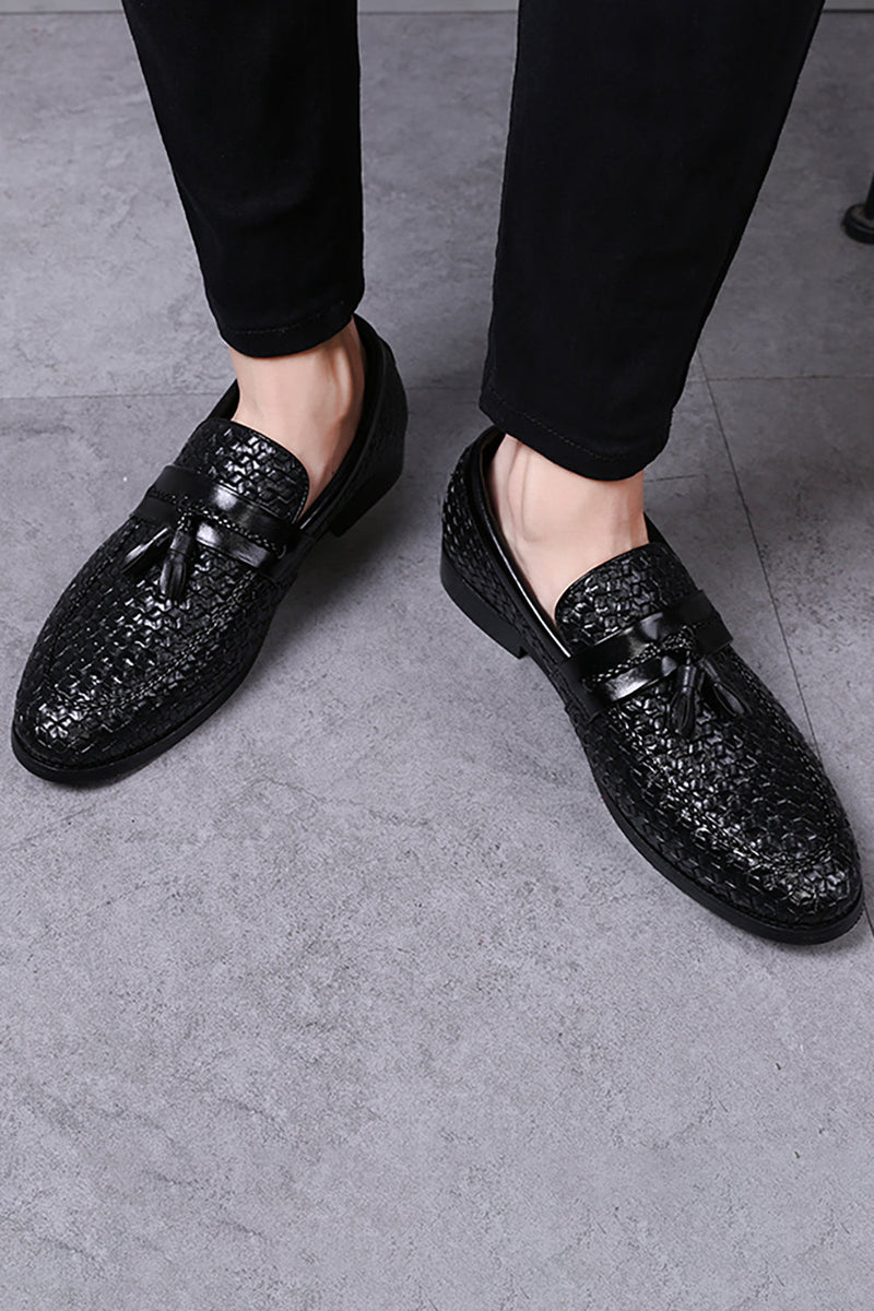 Load image into Gallery viewer, Black Fringe Leather Slip-On Men&#39;s Shoes