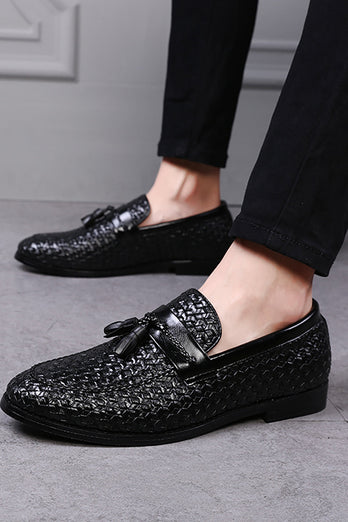 Black Fringe Leather Slip-On Men's Shoes