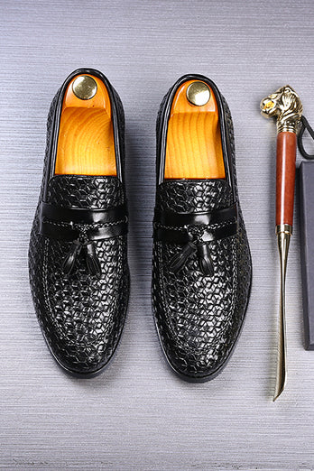 Black Fringe Leather Slip-On Men's Shoes
