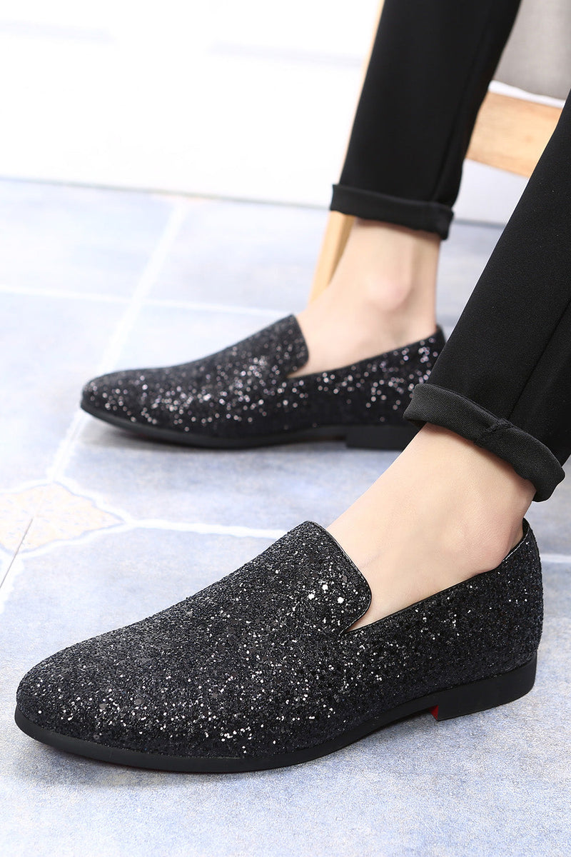 Load image into Gallery viewer, Black Sequined Slip-On Men&#39;s Shoes