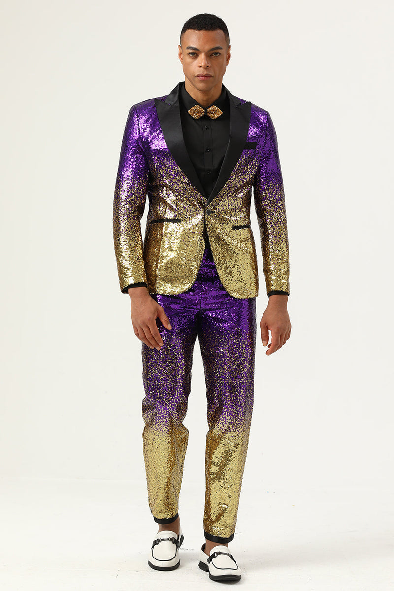Load image into Gallery viewer, Men&#39;s 2 Piece Ombre Sequins Purple Slim Fit Notched Lapel Formal Suits