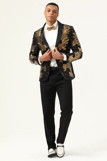 2 Piece Black and Gold Jacquard Sequins Men's Formal Suits