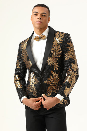 2 Piece Black and Gold Jacquard Sequins Men's Formal Suits