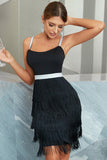 A Line Spaghetti Straps Black Cocktail Dress with Tassel