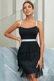 A Line Spaghetti Straps Black Cocktail Dress with Tassel