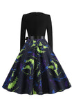 V Neck Black Halloween Printed Vintage Dress