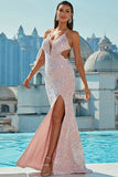 Light Pink Halter Neck Sequined Mermaid Formal Dress