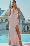 Light Pink Halter Neck Sequined Mermaid Formal Dress