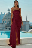 One Shoulder Burgundy Formal Dress With Slit