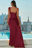 One Shoulder Burgundy Formal Dress With Slit