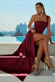 One Shoulder Burgundy Formal Dress With Slit