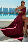 One Shoulder Burgundy Formal Dress With Slit