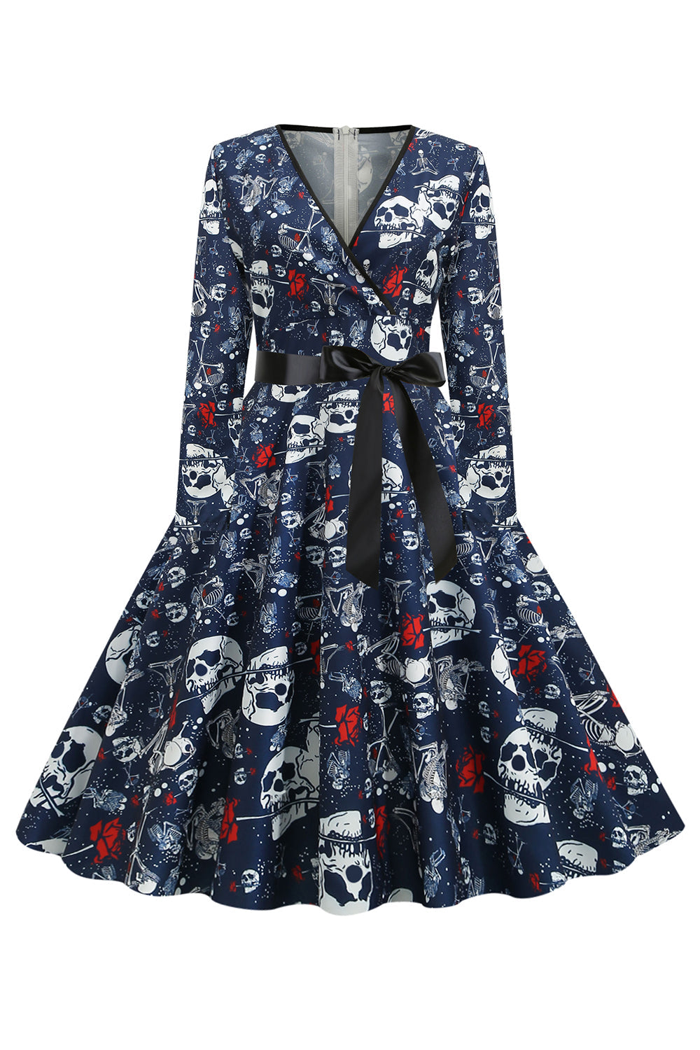 V Neck Skull Printed Navy Halloween Dress