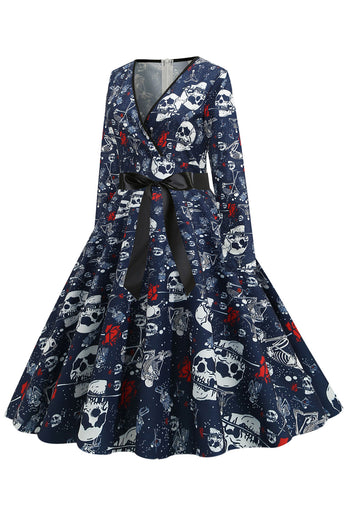 V Neck Skull Printed Navy Halloween Dress