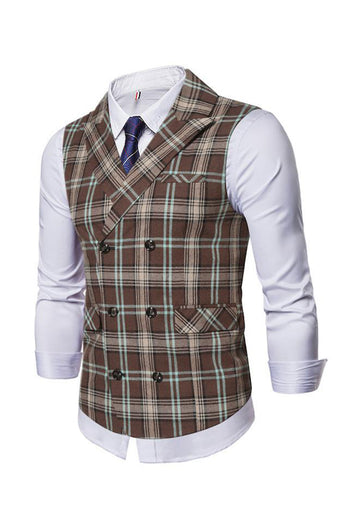 Lapel Collar Double Breasted Casual Coffee Men's Suit Check Vest